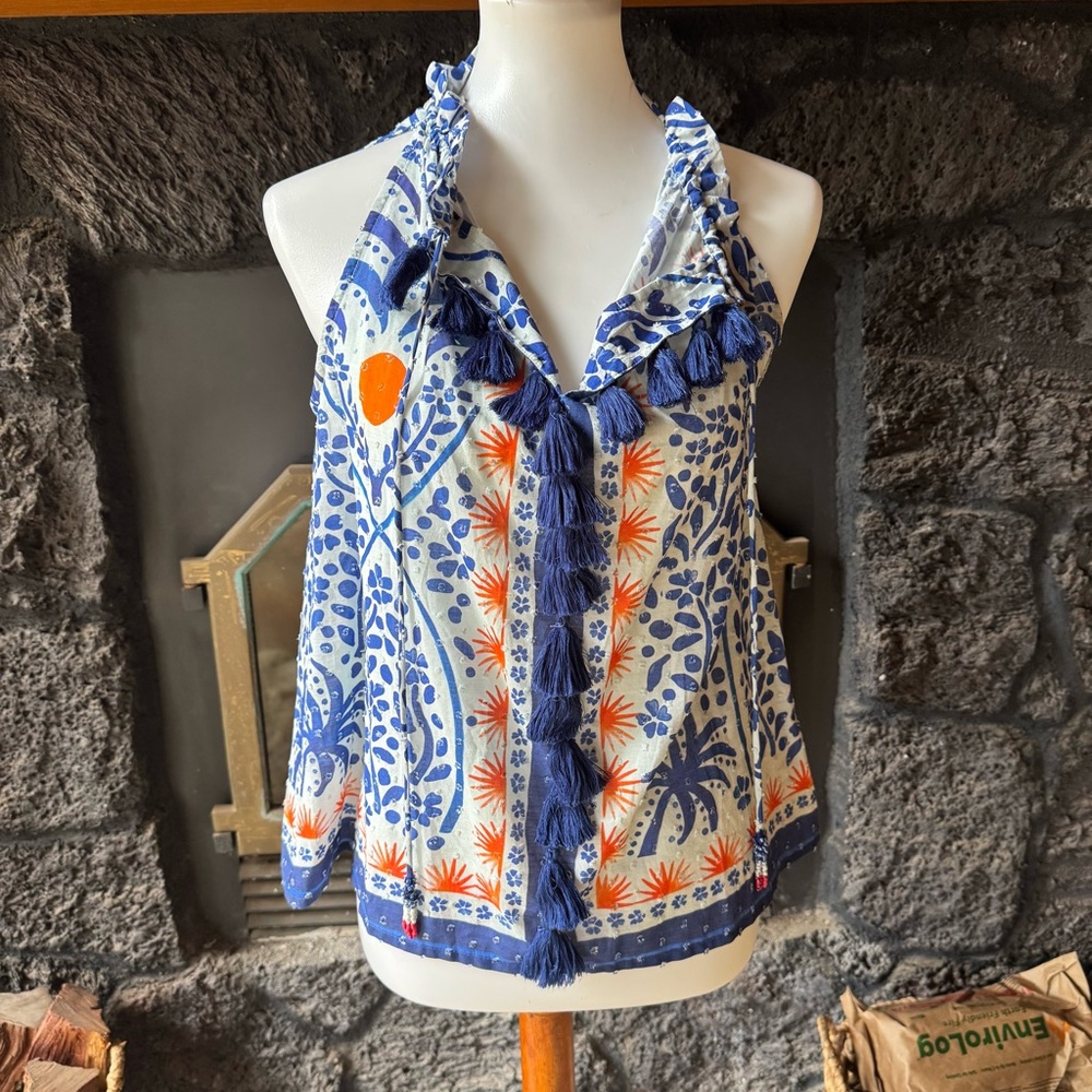 Farm Rio size Small S afternoon breeze top Patterned Blouse with Tassels boho